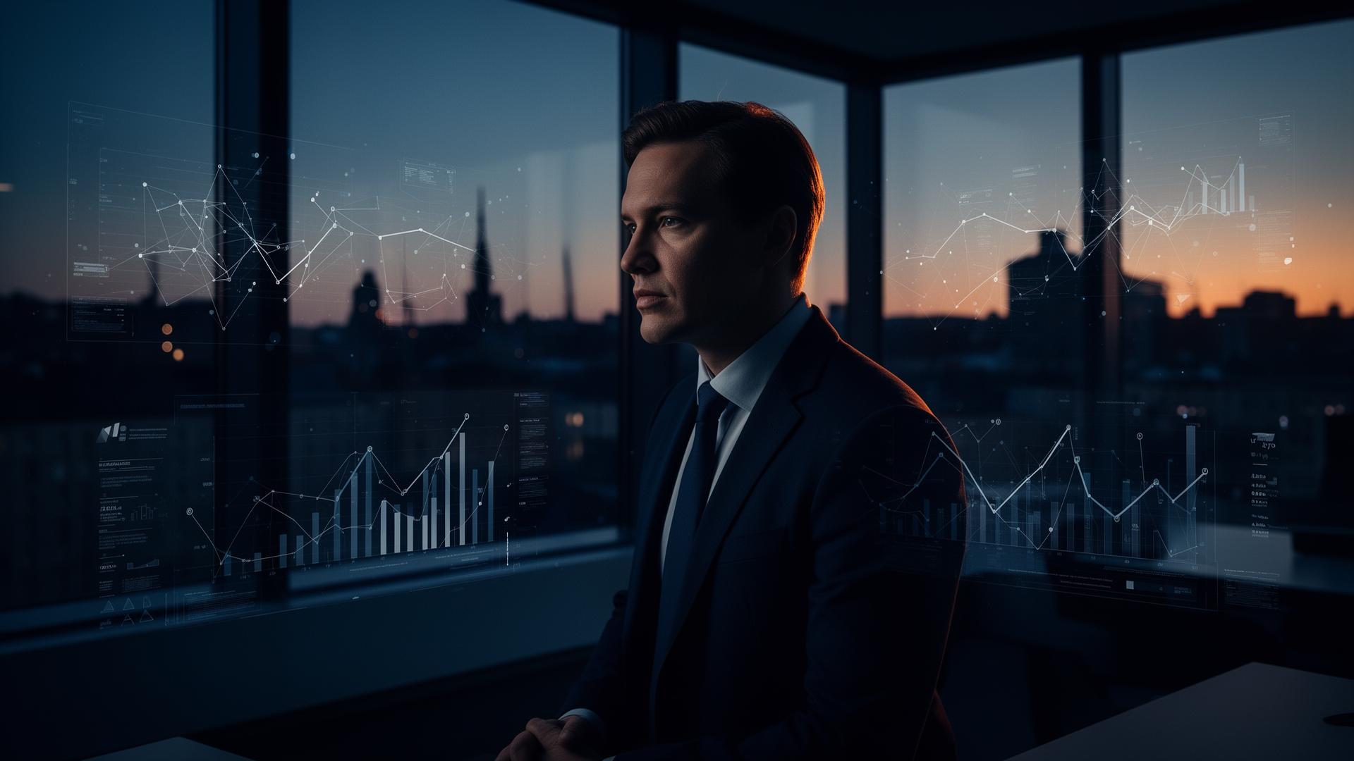 Suomalainen liiketoimintajohtaja modernissa toimistossa, taustalla hehkuvia datavirtoja ja tekoälyverkkoja